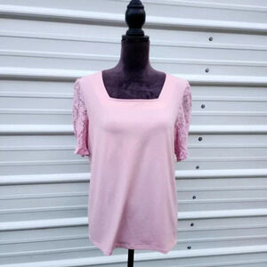 Adrianna Papell Pink Pullover Lace Short Sleeves Stretch Square Neck Top Shirt L